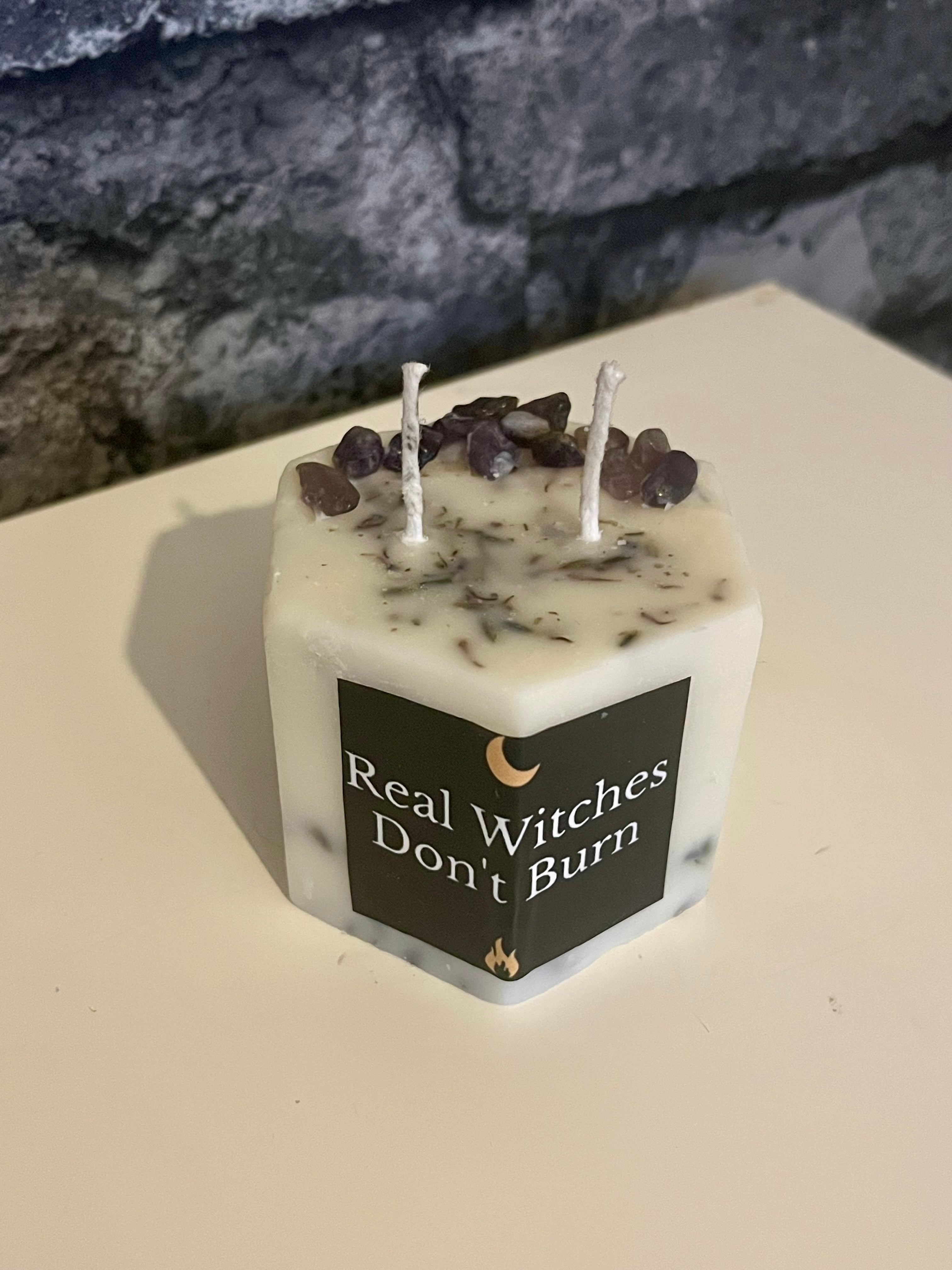 ‘Real Witches Don’t Burn’ 4oz Scented Lavender & Amethyst Soy Hexagon Pillar Candle