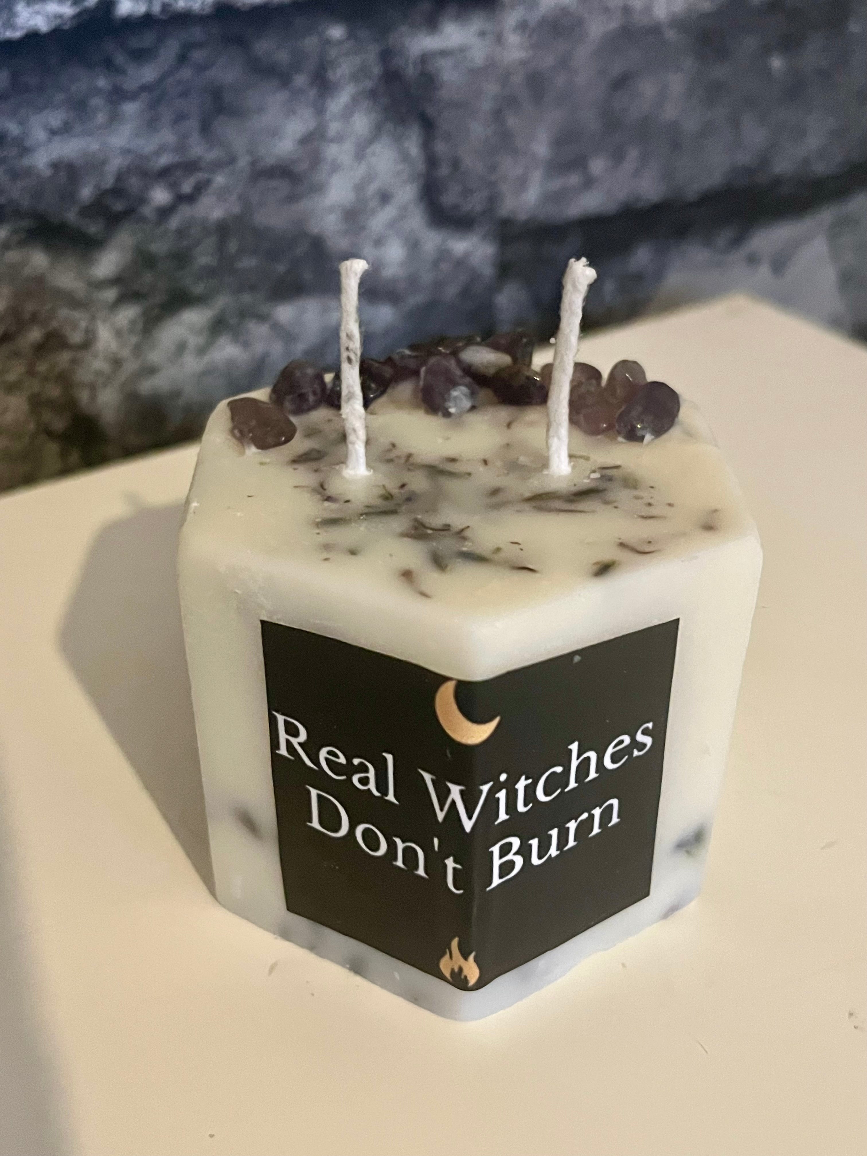 ‘Real Witches Don’t Burn’ 4oz Scented Lavender & Amethyst Soy Hexagon Pillar Candle
