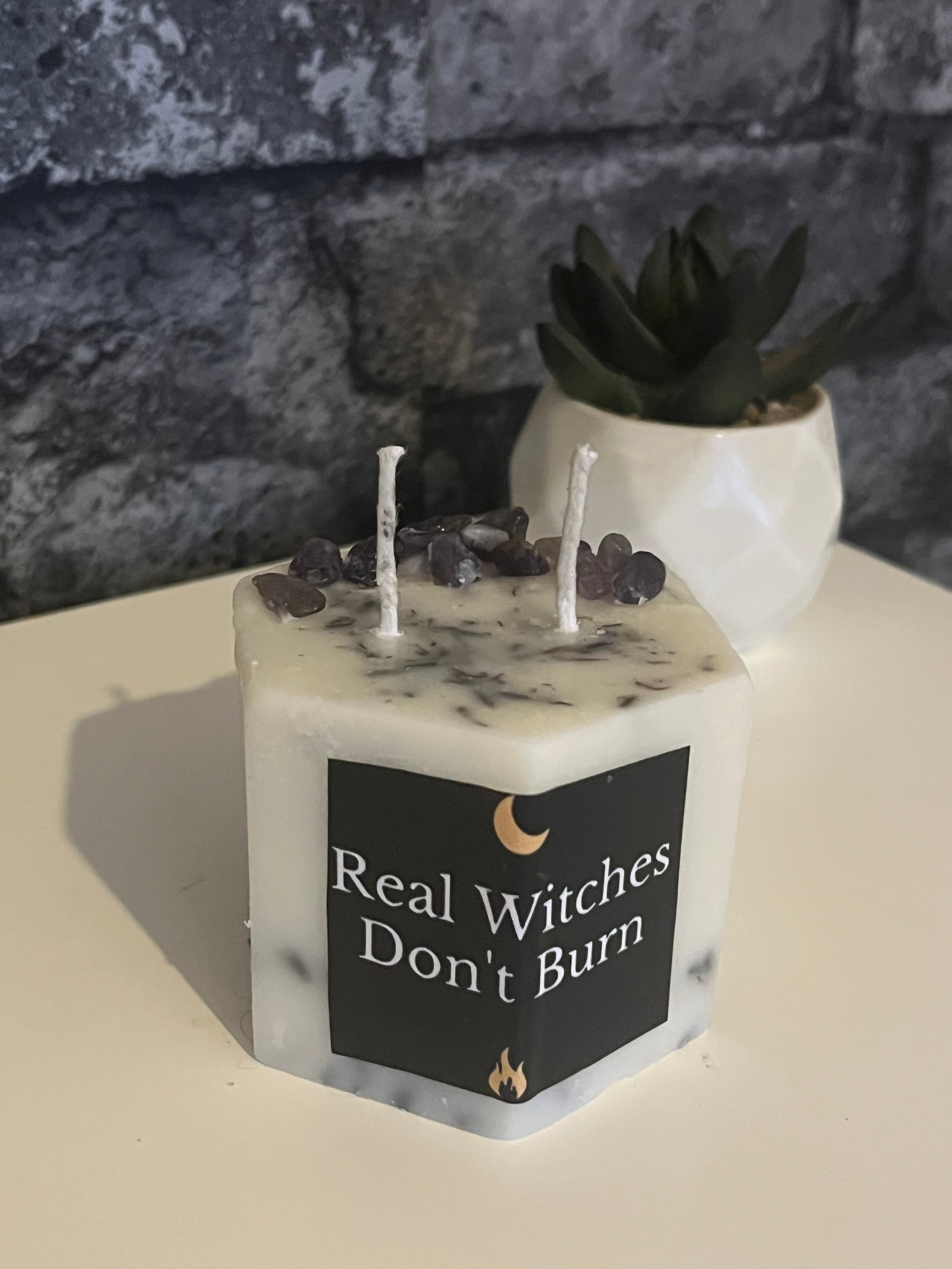 ‘Real Witches Don’t Burn’ 4oz Scented Lavender & Amethyst Soy Hexagon Pillar Candle