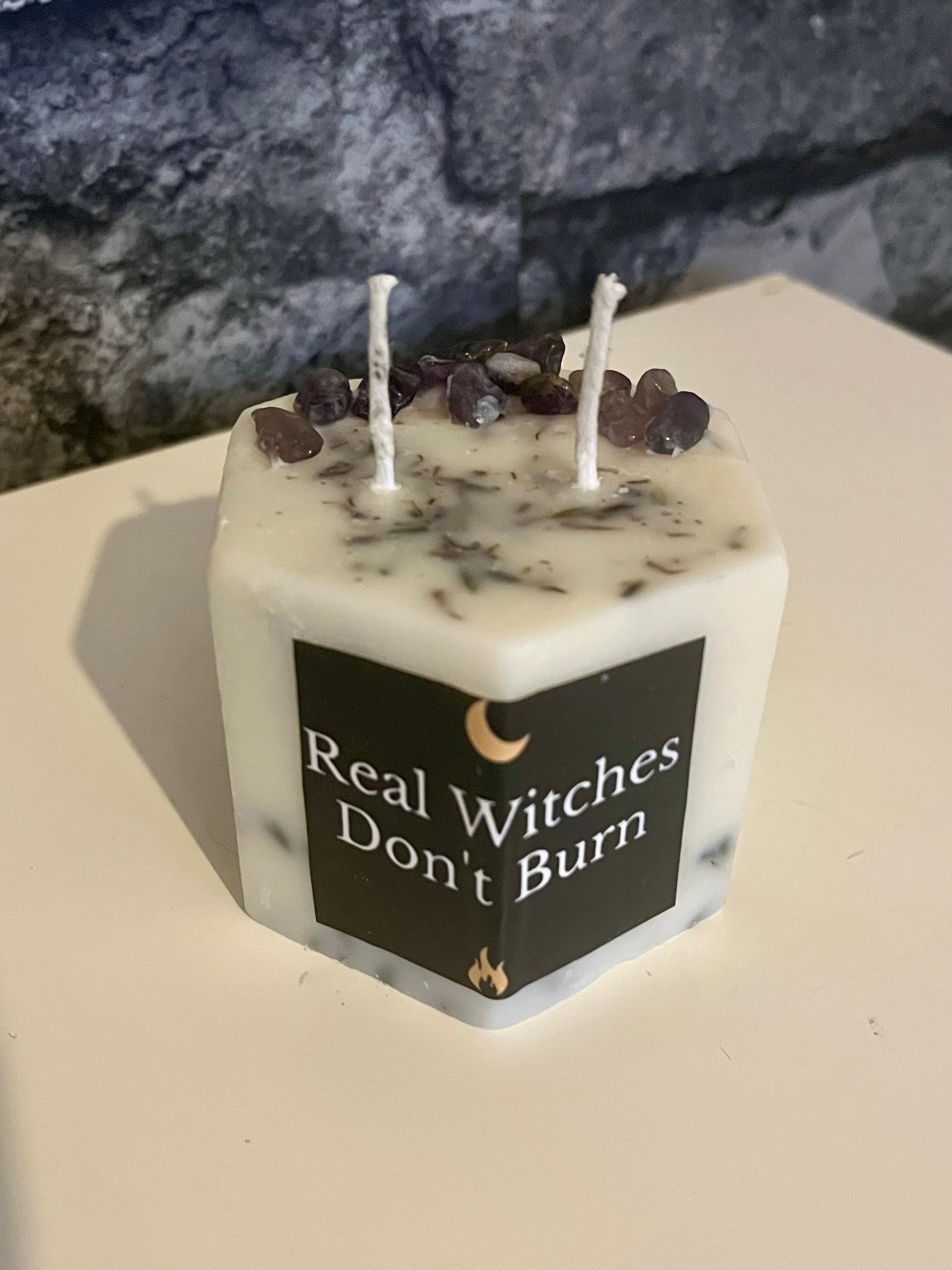 ‘Real Witches Don’t Burn’ 4oz Scented Lavender & Amethyst Soy Hexagon Pillar Candle